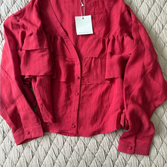 Red Ruffled V-Neck Blouse - Picture 3 of 4